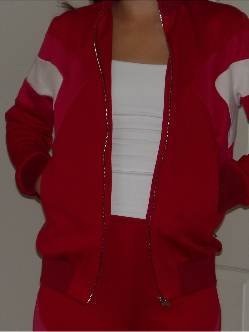 Maje Red and Pink Zip-Front Track Jumpsuit - Picture 9 of 10